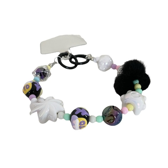 Black & Purple Pom Pom Kitty Beaded Charm Phone Accessory Wristlet with tab - Picture 5 of 17